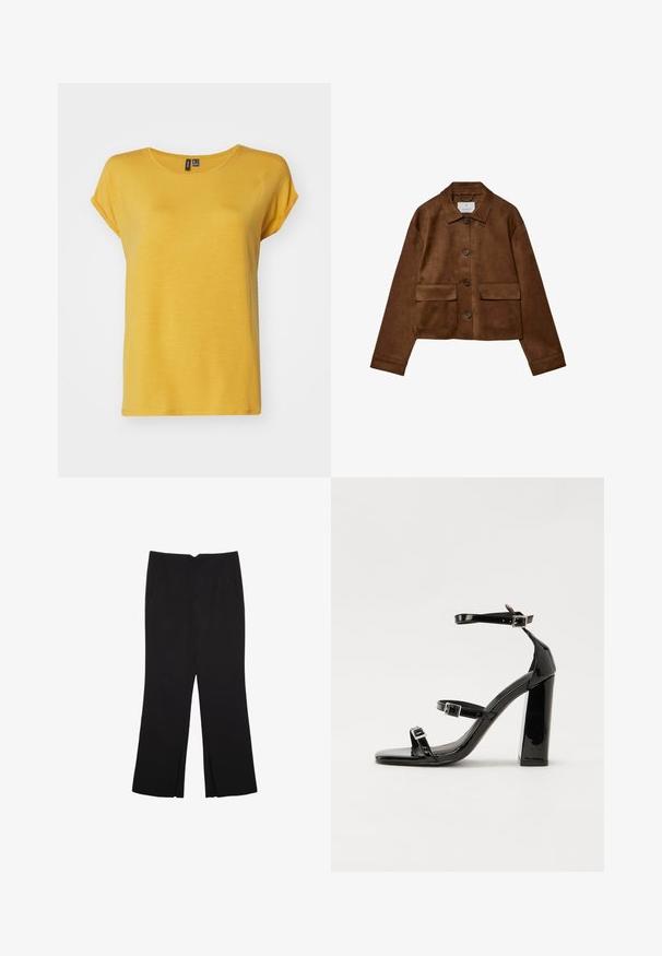 Hnědá sukně s límečkem, předním zapínáním na knoflíky a dvěma náprsními kapsami. Vlastnosti zahrnují dlouhé rukávy a zkrácenou délku.; Vero Moda VMAVA PLAIN - Jednoduché tričko - golden spice; Černé kalhoty s rovným střihem, s předními kapsami a bočními rozparky na lemu. Vyrobené z jemné, hladké tkaniny. Vhodné na různé příležitosti.; Černé lakované sandály na podpatku se čtveratou špičkou, lýtkovými pásky a stříbrnými přezkami. Disponují masivním blokovým podpatkem pro stabilitu.