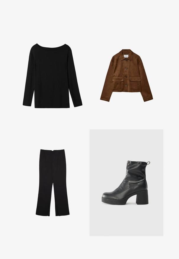 Brun ruskindsjakke med kravedesign, frontknaplukning og to brystlommer. Har lange ærmer og en cropped længde.; Sort langærmet top med off-the-shoulder halsudskæring, lavet af blødt bomuldsstof, med en afslappet pasform og lige kant.; Sorte bukser med lige pasform, der har frontlommer og slidser i kanten. Lavet af blødt, glat stof. Velegnet til forskellige anledninger.; Sorte ankelstøvler lavet af glat læder, med en sidelukning, kraftig struktureret hæl og rundt tådesign.