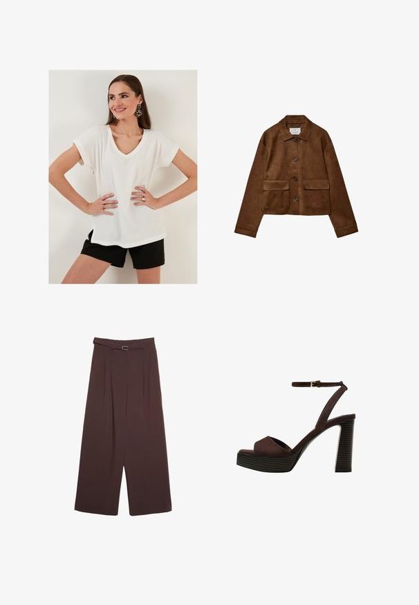 Giacca in suede marrone con design a colletto, chiusura frontale con bottoni e due tasche sul petto. Presenta maniche lunghe e un lunghezza corta.; Top corto bianco a maniche corte con scollo a V e spacchi laterali, abbinato a pantaloni corti neri. Design semplice, tessuto leggero e vestibilità casual.; Stradivarius WIDE-LEG WITH BUCKLE DETAIL - Pantaloni - dark brown; Sandal in camoscio marrone con tacco alto, punta aperta, cinturino alla caviglia regolabile e suola a piattaforma striata.