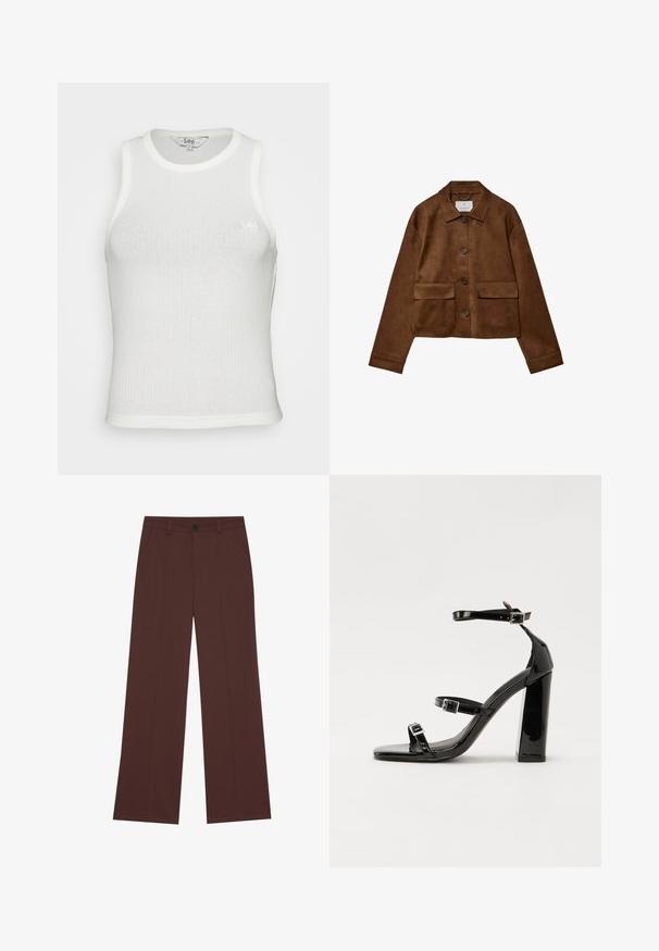 Giacca in suede marrone con design a colletto, chiusura frontale con bottoni e due tasche sul petto. Presenta maniche lunghe e un lunghezza corta.; Canotta bianca a costine con scollatura rotonda, senza maniche e dalla vestibilità aderente. Presenta un piccolo logo Lee ricamato sul davanti.; Pantaloni a gamba larga in un ricco tessuto marrone. Presentano una chiusura a bottone, due tasche frontali, una texture liscia e linee pulite.; Sandali con tacco in vernice nera, con punta squadrata, cinturini alla caviglia e fibbie in argento. Presentano un tacco a blocco spesso per maggiore stabilità.