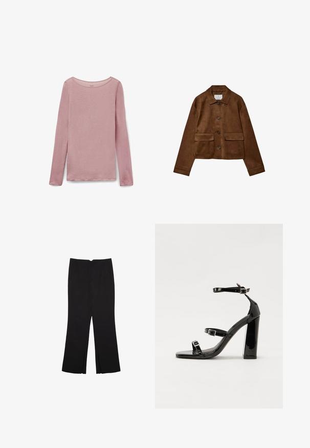 Hnědá sukně s límečkem, předním zapínáním na knoflíky a dvěma náprsními kapsami. Vlastnosti zahrnují dlouhé rukávy a zkrácenou délku.; Dlouhý rukáv v světle růžové barvě, s kulatým výstřihem a měkkou, strukturovanou tkaninou s mírně volným střihem a bočními rozparky na lemu.; Černé kalhoty s rovným střihem, s předními kapsami a bočními rozparky na lemu. Vyrobené z jemné, hladké tkaniny. Vhodné na různé příležitosti.; Černé lakované sandály na podpatku se čtveratou špičkou, lýtkovými pásky a stříbrnými přezkami. Disponují masivním blokovým podpatkem pro stabilitu.