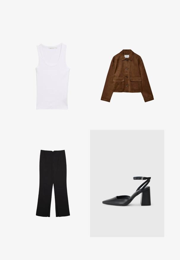 Ruskea nubukkitakki, jossa on kauluksellinen muotoilu, edessä nappisuljenta ja kaksi rinta-taskua. Takissa on pitkät hihat ja se on lyhyt.; Valkoinen puuvillainen hihaton paita, jossa on pyöreä kaula-aukko. Ominaisuuksena on vartaloa myötäilevä siluetti ja sileä pinta. Ei kuoseja tai koristeita.; Mustat housut suoralinjaisella leikkauksella, joissa on etutaskut ja sivurei'ät helman alla. Valmistettu pehmeästä ja sileästä kankaasta. Sopii eri tilaisuuksiin.; Mustat nahkakengät, joissa on kapea kärki, nilkkaremmi ja paksu korko. Tasainen pinta, tyylikäs muotoilu ja minimalistinen estetiikka.