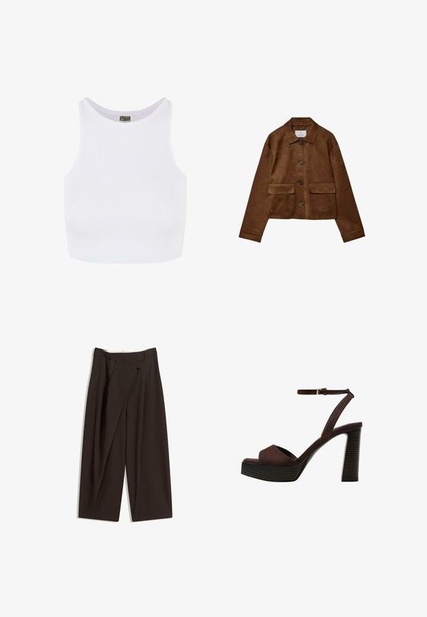 Smeđa suđena jakna s dizajnom na ovratniku, prednjim zatvaranjem na gumbe i dva džepa na grudima. Ima duge rukave i skraćenu dužinu.; Bijela rebrasta kratka majica bez rukava s širokim naramenicama i okruglim izrezom. Ima mekanu teksturu i minimalistički dizajn bez uzoraka.; Tamno smeđe široke hlače s visokim strukom, s jednim dugmadi na zakopčavanju i pregibom sprijeda. Izrađene od laganog materijala.; Smeđe zamšaste sandale s visokim potpeticama, otvorenim prstima, podesivom trakicom oko gležnja i prugastom platformom.