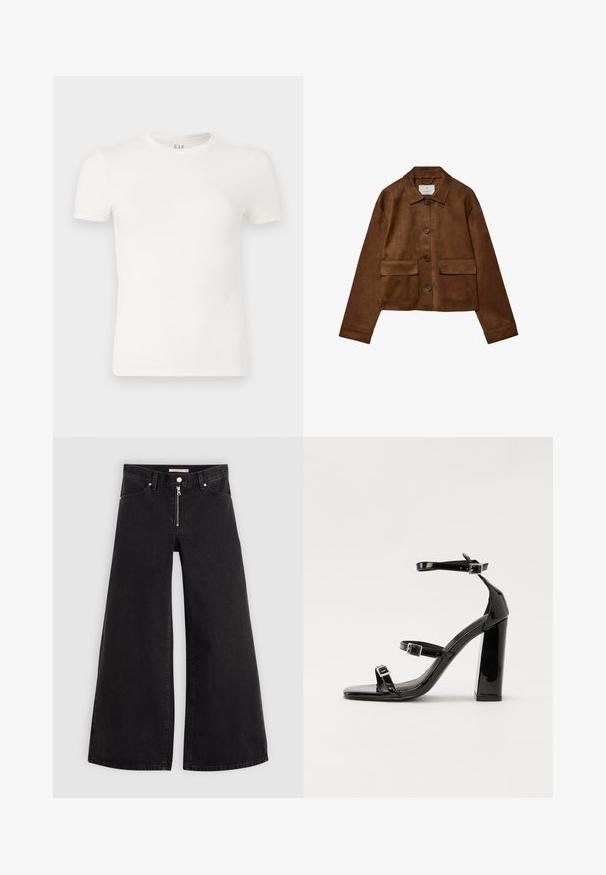 Brun ruskindsjakke med kravedesign, frontknaplukning og to brystlommer. Har lange ærmer og en cropped længde.; Kortærmet hvid t-shirt lavet af blødt bomuld, med rund halsudskæring og lige pasform. Ingen mønstre eller dekorationer.; Vide ben jeans i sort denim med lynlås foran, fem lomme-design og subtile stikninger. Glat tekstur og afslappet stil.; Sorte patenterede hælsandaler med firkantet tå, ankelremme og sølvspænder. Har en chunky blokHæl for stabilitet.