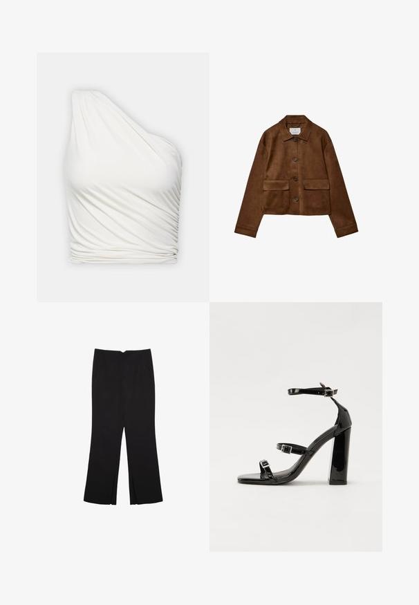 Smeđa suđena jakna s dizajnom na ovratniku, prednjim zatvaranjem na gumbe i dva džepa na grudima. Ima duge rukave i skraćenu dužinu.; Bijela majica s jednim ramenom od lagane, drapirane tkanine. Ima nabranu teksturu sa strane i glatki, lepršavi dizajn.; Crne hlače ravnog kroja, s prednjim džepovima i bočnim prorezima na rubu. Izrađene od mekog i glatkog materijala. Pogodne za razne prigode.; Crne lakirane sandale na pete sa kvadratnim nosom, trakama oko gležnja i srebrnim kopčama. Imaju čvrst blok petu za stabilnost.