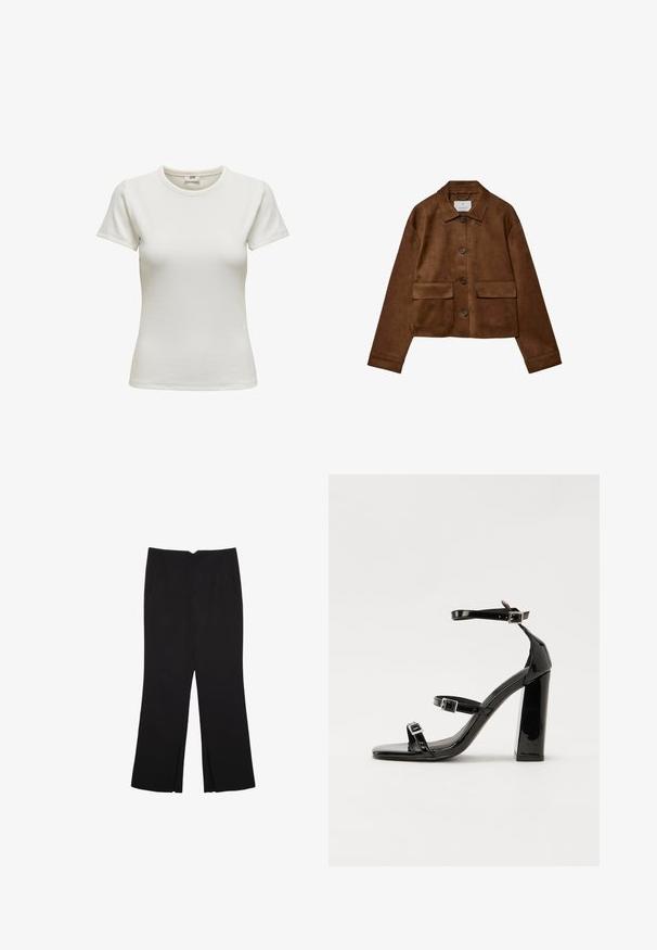 Ruskea nubukkitakki, jossa on kauluksellinen muotoilu, edessä nappisuljenta ja kaksi rinta-taskua. Takissa on pitkät hihat ja se on lyhyt.; Valkoinen lyhythihainen t-paita pyöreällä kaula-aujalla, valmistettu ribbitetusta kankaasta. Suuri sileä pinta ja istuva malli. Tunnus näkyvissä kauluksen sisäpuolella.; Mustat housut suoralinjaisella leikkauksella, joissa on etutaskut ja sivurei'ät helman alla. Valmistettu pehmeästä ja sileästä kankaasta. Sopii eri tilaisuuksiin.; Musta kiiltävä korkokenkä sandaalit neliönmuotoisella varpaalla, nilkkaremmillä ja hopeisilla soljilla. Varustettu tukevalla lohkokorkealla vakauden takaamiseksi.