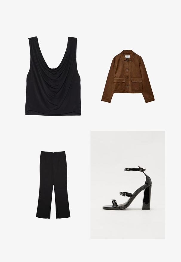 Brun ruskindsjakke med kravedesign, frontknaplukning og to brystlommer. Har lange ærmer og en cropped længde.; Sort ærmeløs top med dyb udskæring og draperede detaljer. Fremstillet af blødt, strækbart stof med en glat overflade. Ingen synlige detaljer.; Sorte bukser med lige pasform, der har frontlommer og slidser i kanten. Lavet af blødt, glat stof. Velegnet til forskellige anledninger.; Sorte patenterede hælsandaler med firkantet tå, ankelremme og sølvspænder. Har en chunky blokHæl for stabilitet.