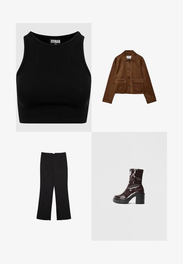 Rjava nubuk jakna s ovratnikom, sprednjim gumbom in dvema žepoma na prsih. Ima dolge rokave in skrajšano dolžino.; Črni rebrasti kratki top z okroglim izrezom in brezrokavnim dizajnom. Narejen iz raztegljive, teksturirane tkanine. Etiketa nosi napis "Urban Classics."; Črne hlače ravnega kroja z naglavnimi žepi in stranskimi razporki na robu. Narejene iz mehke, gladke tkanine. Primerne za različne priložnosti.; Sijajan škrlatank z bleščečim videzom, z masivnim črnim peto, ki se ponaša z gladko teksturo in preprostim dizajnom. Brez vidnih zapenjal ali vzorcev.