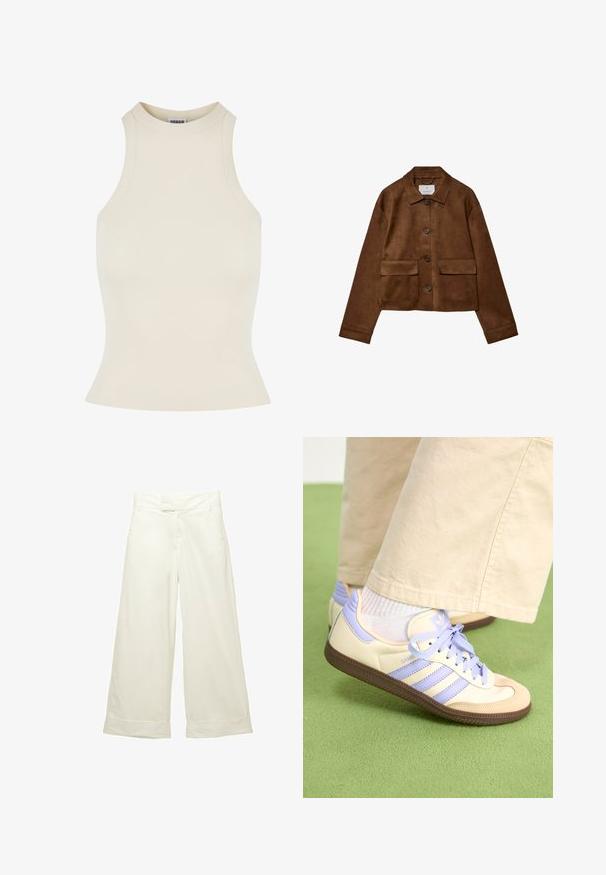 Brown suede jacket with a collared design, front button closure, and two chest pockets. Features long sleeves and a cropped length.; Ribbed sleeveless top in light beige with a high neck and fitted shape, made from a soft, stretchy material for comfort.; Wide-leg trousers in soft, cream fabric. Features a flat front waistband and rolled cuffs. Smooth texture with a clean, minimalist design.; Cream and lavender sneakers with three stripes and a textured brown sole, featuring laces and a padded heel. Soft fabric upper.