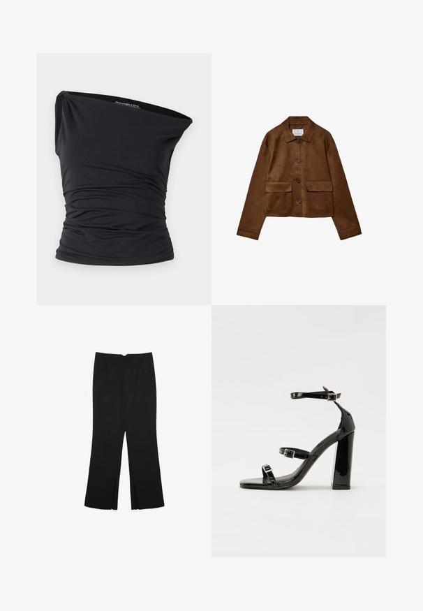 Braune Wildlederjacke mit Kragen, vorderem Knopfverschluss und zwei Brusttaschen. Verfügt über lange Ärmel und einen verkürzten Schnitt.; Abercrombie & Fitch ONE SHOULDER - Top - black beauty; Schwarze Hose mit geradem Schnitt, ausgestattet mit Fronttaschen und Seitenschlitzen am Saum. Hergestellt aus weichem, glattem Stoff. Geeignet für verschiedene Anlässe.; Schwarze patentierte Sandalen mit Absatz, quadratischer Spitze, Knöchelriemen und silbernen Schnallen. Mit einem stabilen Blockabsatz für mehr Stabilität.