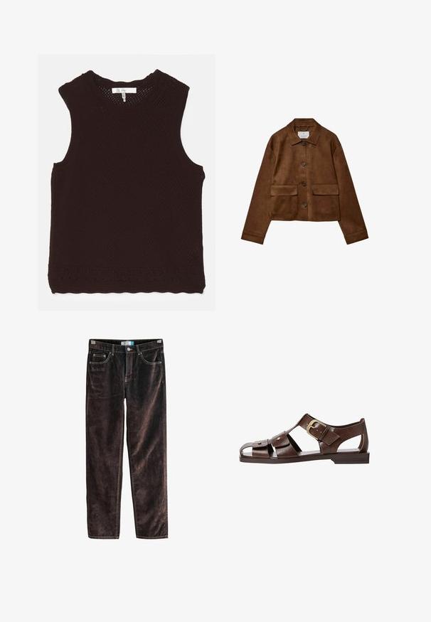 Brown suede jacket with a collared design, front button closure, and two chest pockets. Features long sleeves and a cropped length.; Brown, sleeveless top with a textured, open-knit design and a scalloped neckline; features decorative stitching along the hem.; Brown corduroy straight-leg pants with five pockets, contrasting stitching, and a button closure at the waist. Soft texture with ribbed pattern.; Brown leather sandal featuring a cutout design, adjustable side buckle, and flat sole, with metal accents and an open toe.