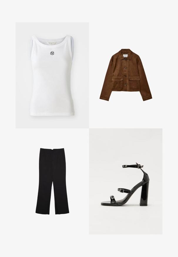 Rjava nubuk jakna s ovratnikom, sprednjim gumbom in dvema žepoma na prsih. Ima dolge rokave in skrajšano dolžino.; Bela majica brez rokavov iz rebrastega blaga, z okroglim izrezom in črnim logotipom spredaj. Oblikovana je v oprijetem kroju.; Črne hlače ravnega kroja z naglavnimi žepi in stranskimi razporki na robu. Narejene iz mehke, gladke tkanine. Primerne za različne priložnosti.; Črne lakirane sandale s peto, kvadratnim prstom, trakovi okrog gležnja in srebrnimi zaponkami. Opremljene so s stabilno Debelo peto.