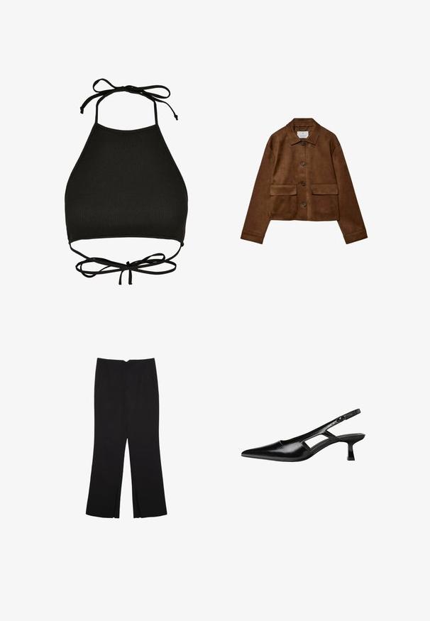 Giacca in suede marrone con design a colletto, chiusura frontale con bottoni e due tasche sul petto. Presenta maniche lunghe e un lunghezza corta.; Top bikini nero a collo alto realizzato in tessuto a costine; presenta nastri regolabili al collo e una schiena con taglio e dettaglio annodato.; Pantaloni neri a gamba dritta, con tasche frontali e spacchi laterali all'orlo. Realizzati in tessuto morbido e liscio. Adatti a diverse occasioni.; Tacchi slingback in pelle verniciata nera con punta affusolata, design con tagli laterali e tacco quadrato piccolo. Texture liscia con dettagli minimi.