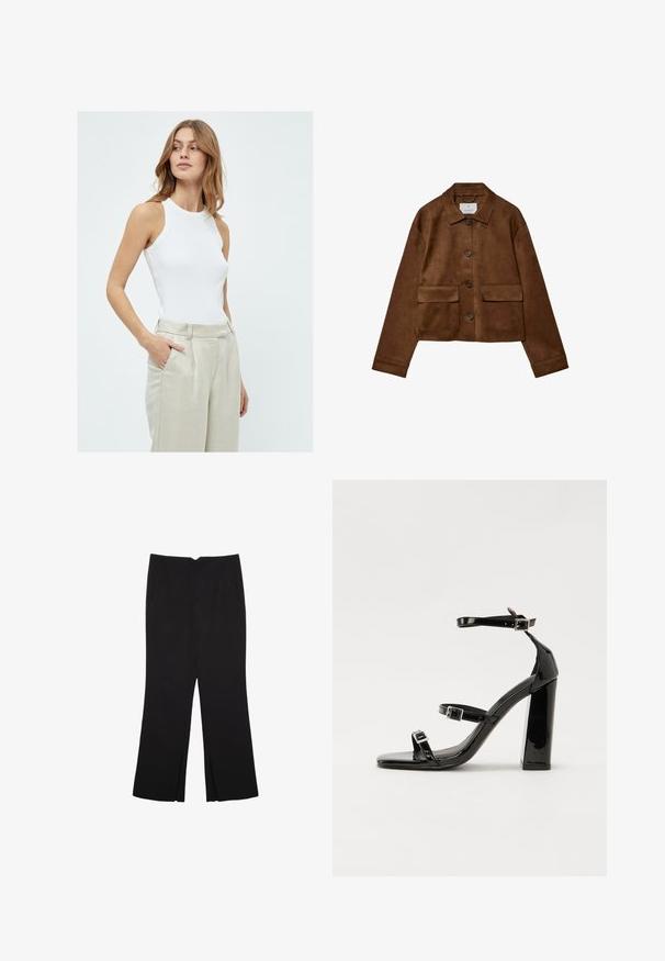 Hnedá semišová bunda s golierom, predným zapínaním na gombíky a dvoma vreckami na prsiach. Má dlhé rukávy a skrátenú dĺžku.; Biely bezrukávový top s priliehavým strihom, vyrobený z rebrovanej tkaniny, skombinovaný so svetlobežovými, vysoko pásovými ľanovými nohavicami.; Čierne nohavice so strihom rovného strihu, s prednými vreckami a bočnými rozparkami na leme. Vyrobené z mäkkej, hladkej tkaniny. Vhodné na rôzne príležitosti.; Čierne lakované sandále na podpätku so štvorcovou špičkou, navlečenými remienkami okolo členku a striebornými prackami. Disponujú masívnym blokovým podpätkom pre stabilitu.