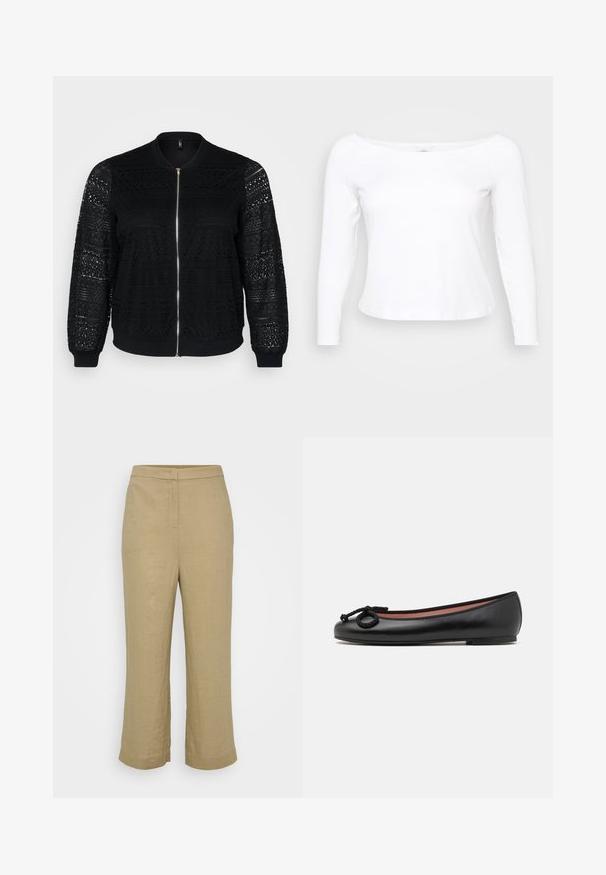 Schwarze Bomberjacke mit Spitzenverzierungen, Reißverschluss, gerippten Bündchen und Saum, mit intricaten Mustern auf den Ärmeln und der Vorderseite.; Weißes Langarmshirt mit weitem Ausschnitt, aus weichem, glattem Material gefertigt. Hat ein enganliegendes Design und einen verkürzten Saum.; Beige Leinenhose mit geradem Schnitt, mittelhohem Bund, dezenten Nähten und weit geschnittenen, verkürzten Beinen. Glatte Textur, keine sichtbaren Muster.; Schwarze Lederballerinas mit runder Zehenpartie, ausgestattet mit einer dekorativen Schleife und glatter Textur. Minimalistisches Design mit einer niedrigen, flachen Sohle.