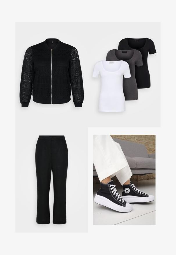Schwarze Bomberjacke mit Spitzenverzierungen, Reißverschluss, gerippten Bündchen und Saum, mit intricaten Mustern auf den Ärmeln und der Vorderseite.; Drei figurbetonte T-Shirts in Weiß, Grau und Schwarz. Jedes hat einen weiten Rundhalsausschnitt und kurze Ärmel. Hergestellt aus glattem, elastischem Stoff.; Schwarze Leinenhose mit geradem Schnitt, mittelhohem Bund und verkürzter Länge, die eine glatte Textur und keine sichtbaren Verschlüsse aufweist.; Schwarze Canvas-Hochtop-Sneakers mit weißen Gummisohlen und Schnürsenkeln. Mit einem runden Logo an der Seite und kontrastierendem weißen Nähten.