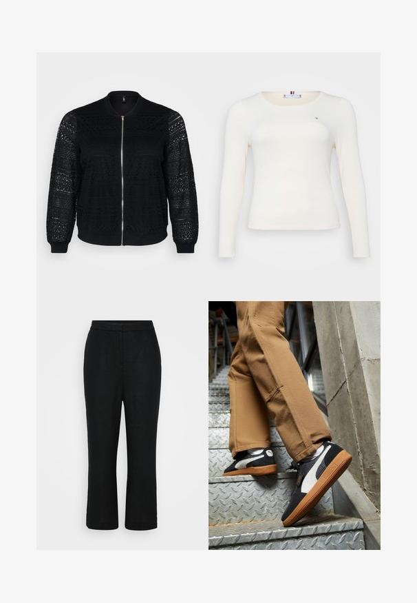 Giacca bomber nera con dettagli in pizzo, chiusura con zip, polsini e orlo a costine, con motivi intricati sulle maniche e sul pannello frontale.; Maglietta a maniche lunghe in off-white a coste con scollatura rotonda. Presenta un piccolo logo e una forma aderente per un look elegante.; Pantaloni in lino neri con taglio dritto, vita media e lunghezza cropped, con una texture liscia e senza chiusure visibili.; Sneaker in suede nero e grigio con dettagli bianchi e suole in gomma color miele, indossati su pantaloni beige mentre si sale su scale metalliche.