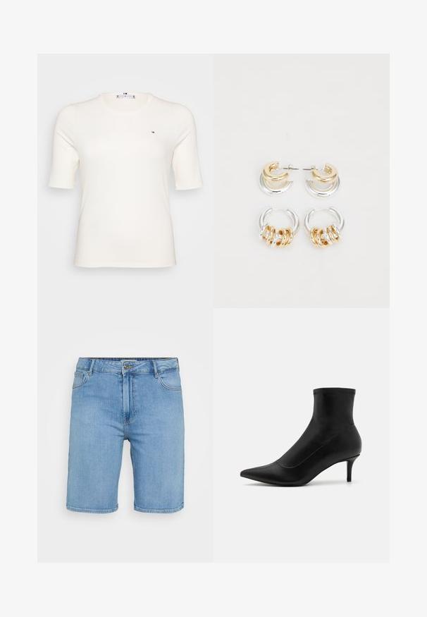 Sort bomberjakke med blonderdetaljer, lynlås, ribbet manchetter og kant, der har indviklede mønstre på ærmerne og frontpanelet.; Ribbet, kortærmet, kridhvid t-shirt med et lille logo på venstre bryst. Casual, tætsiddende design, der er velegnet til forskellige anledninger.; Lys blå denim shorts med klassisk pasform, der har en frontknaplukning, bæltestropper og to sidelommer. Glat tekstur og lige kant.; Sorte ankelstøvler i glat læder med spids tå og en kort, tynd hæl. Har et sømløst design og subtile stikninger.; Øreringe i guld- og sølvmetal sæt, der består af to hoops: den ene er glat med en halvmåneform, og den anden har lagdelte cirkulære ringe.