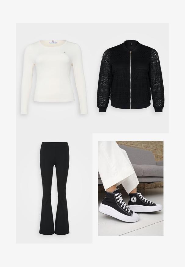 Schwarze Bomberjacke mit Spitzenverzierungen, Reißverschluss, gerippten Bündchen und Saum, mit intricaten Mustern auf den Ärmeln und der Vorderseite.; Langärmliges, geripptes Oberteil in Off-White mit rundem Ausschnitt. Bietet ein kleines Logo-Detail und eine taillierte Form für einen eleganten Look.; Schwarze, ausgestellte Hosen aus dehnbarem Material mit hohem Bund und glatter Textur. Die Hose weitet sich ab dem Knie.; Schwarze Canvas-Hochtop-Sneakers mit weißen Gummisohlen und Schnürsenkeln. Mit einem runden Logo an der Seite und kontrastierendem weißen Nähten.