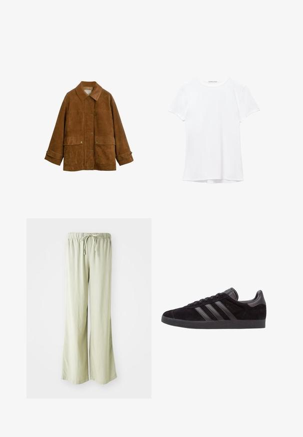 Bruine suède jas met een kraag, knopen aan de voorkant en twee grote zakken. Het heeft een iets gestructureerde afwerking en opgerolde manchetten.; Witte short-sleeve t-shirt van gladde stof, met een ronde halslijn en subtiele stiksels bij de zoom.; Lichtgroene wijde broek met een elastieken tailleband en koord. Gemaakt van een zachte, textuurstof; afgewerkte randen zonder zichtbare patronen.; Zwarte suède sneakers met een gestructureerde rubberen zool, voorzien van drie zwarte leren strepen, een ronde neus en een gewatteerde enkelsok.