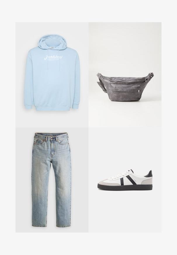 Čierna kožená bunda s golierom, štyrmi prednými gombíkmi, dvoma vreckami a štruktúrovaným ovčím kožuchom na manžetách a leme.; Svetlo modrá mikina s kapucňou, predným "klokaním" vreckom, šnúrkou na kapucni a bielym textom loga na hrudi. Vyrobená z mäkkej tkaniny s rebrovanými manžetami.; Svetlomodré džínsy s vysokým pásom, predným gombíkom, zipsom a dizajnom s piatimi vreckami, rozložené na neutrálnom pozadí.; Biele tenisky s čiernymi a šedými akcentmi, s textúrovanou šedou špičkou, čiernou gumovou podrážkou a plochými bielymi šnúrkami. Čistý dizajn, minimalistický štýl.; Sivá semišová ľadvinka s okrúhlym tvarom, dvoma zipsovými priehradkami a nastaviteľným popruhom. Obsahuje kovové prvky.