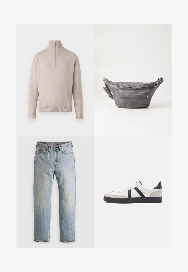 Jachetă din piele neagră cu guler, patru butoane în față, două buzunare și o margine texturată din blană pe manșete și tiv.; Pulover bej cu fermoar la jumătate dintr-un material tricotat moale. Prezintă un guler și manșete cusute, având o croială lejeră și un design fără cusături.; Jeans din denim de culoare albastru deschis, cu talie înaltă, nasture frontal, fermoar și design cu cinci buzunare, așezate platesc pe un fundal neutru.; Sneaker alb cu accente negre și gri, având un capac de vârf gri texturat, talpă din cauciuc negru și șireturi plate albe. Design elegant, stil minimalist.; Borseta gri din suede, cu o formă rotunjită, două compartimente cu fermoar și curea ajustabilă. Are accente din metal.