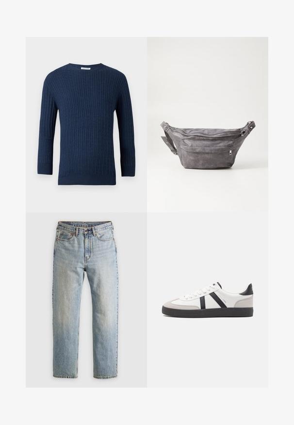 Jachetă din piele neagră cu guler, patru butoane în față, două buzunare și o margine texturată din blană pe manșete și tiv.; Pulover tricotat de navy cu un model texturat în rigle, guler rotund și mâneci lungi. Fabricat dintr-un material moale, cu o siluetă ajustată.; Jeans din denim de culoare albastru deschis, cu talie înaltă, nasture frontal, fermoar și design cu cinci buzunare, așezate platesc pe un fundal neutru.; Sneaker alb cu accente negre și gri, având un capac de vârf gri texturat, talpă din cauciuc negru și șireturi plate albe. Design elegant, stil minimalist.; Borseta gri din suede, cu o formă rotunjită, două compartimente cu fermoar și curea ajustabilă. Are accente din metal.
