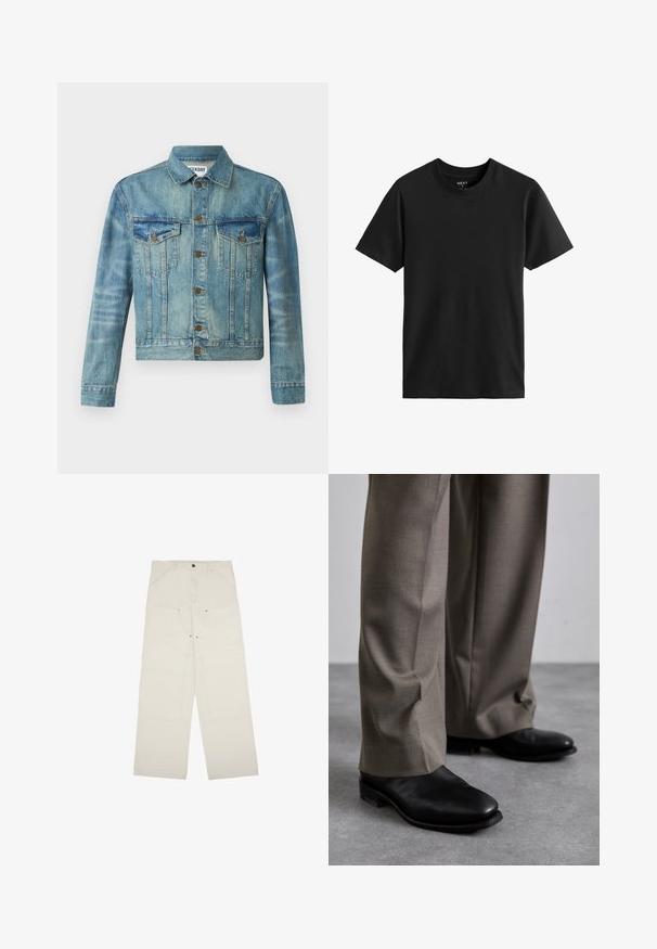 Denim takki, vaaleansininen, jossa napitus edessä, kaksi rintataskua, klassinen kaulus, pitkät hihat ja hieman lyhennetty malli.; Musta lyhythihainen pyöreäkaula-aukko t-paita, joka on valmistettu puuvillasta. Sileä pinta, suora leikkaus, yksinkertainen muotoilu ilman näkyviä kuvioita tai yksityiskohtia.; Vaalean beige leveälahkeiset housut, jotka on valmistettu puuvillasta. Housuissa on etutaskut, yksinkertainen nappisulku ja näkyvät ompeluyksityiskohdat.; Mustat nahkakengät, joissa on teräväkärkinen muotoilu, yhdistettynä harmaisiin, räätälöityihin housuihin. Kengissä on matala korko ja sileä pinta.