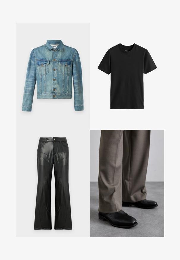 Jachetă din denim, albastră deschisă, cu închidere cu butoane, două buzunare pe piept, guler clasic, mâneci lungi și un design ușor scurtat.; Tricou negru cu mânecă scurtă, tip crewneck, fabricat din bumbac. Textură netedă, cu o croială dreaptă, având un design simplu, fără modele sau accente vizibile.; Pantaloni negri evazați din piele ecologică, cu buzunare frontale, cusături vizibile și detalii cu panouri curbe pe laturi.; Pantofi din piele neagră cu un design a vârfului ascuțit, asortați cu pantaloni gri, croiți. Pantofii au un toc mic și o textură netedă.