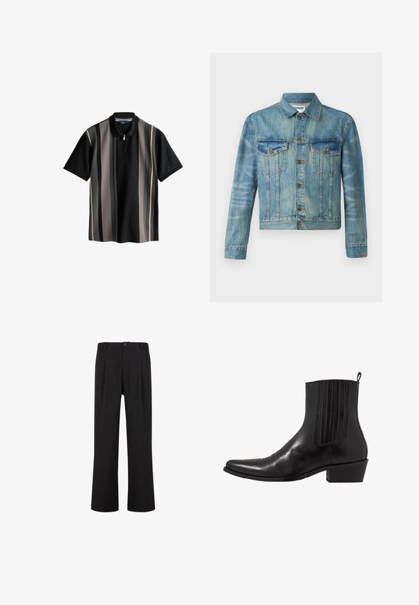Denimjakke, lyseblå, med knaplukning foran, to brystlommer, klassisk krave, lange ærmer og let cropped design.; Sort polo skjorte med vertikale striber i grå, creme og mørk grå. Har lynlås krave og struktureret stof. Korte ærmer.; Sorte bukser med lige pasform, flad front og læg. Fremstillet af en glat stof med knaplukning og bæltestropper.; Sort læder ankelstøvle med spids tå, elastiske sidepaneler, lodrette stikninger og en lav blokhæl.