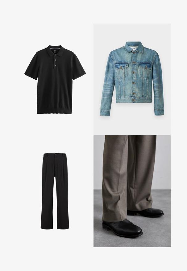 Denimjakke, lyseblå, med knaplukning foran, to brystlommer, klassisk krave, lange ærmer og let cropped design.; Sort kortærmet polo med glat stof. Har en krave med tre knapper og en lige kant. Minimalistisk design.; Sorte bukser med lige pasform, flad front og læg. Fremstillet af en glat stof med knaplukning og bæltestropper.; Sorte lædersko med spids tå-design, parret med grå, skræddersyede bukser. Skoene har en lav hæl og en glat tekstur.