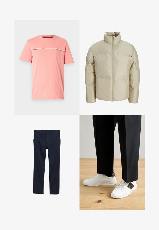 Šviesiai rudas pūkinis švarkas su aukštu apykakle, priekyje užtrauktuku ir siuvinėjimu, didelio dydžio ir glotnios tekstūros.; Šviesiai rožinė medvilninė marškinėliai. Turi apvalų iškirpimą, trumpas rankoves ir baltą logotipą su dviem horizontaliomis juostelėmis ant krūtinės.; Jūržydros mėlynos spalvos lengvi kelnių modeliai su lygiu paviršiumi, tiesiomis kojų linijomis, sagčių uždarymu ir šoninėmis kišenėmis.; Balti sportbačiai su glotnia danga, puošti rudais odiniais akcentais ir juodais detalėmis, derinami su juodais pritaikytais kelnėmis. Medinių grindų fonas.