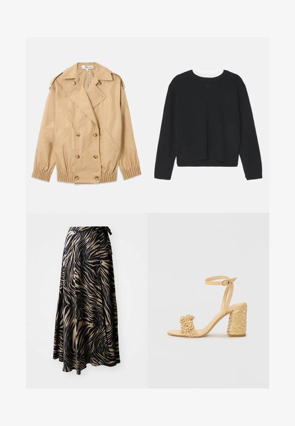 Beige trenchedžakk, millel on kahekordne nööbitihedus, õlavarre epauletid ja elastsed varrukad. Valmistatud siledast, kergekaalulisest kangast.; Must mustreeningud, pikad varrukad, ümar kaelus ja veidi lühem hem. Valmistatud pehmest kangast, ees on peen logo detail.; Kleit seeliku mustriga, musta ja beeži zebra trükiga. Valmistatud kergest kangast, voolava disainiga, millel on sidumisvöö ja asümmeetriline alläär.; Beez kõrge kontsaga sandaalid, millel on punutud tekstuur, dekoratiivne lilleke ja pahkluu rihm. Ruudukujuline konts tagab stabiilsuse.