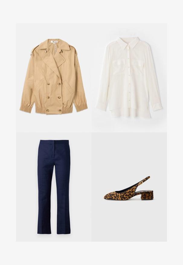 Beige trench coat dupla soros gomboló záródással, vállapokkal és gumis mandzsettákkal. Simább, könnyű anyagból készült.; Könnyű anyagból készült fehér gombos ing. Klasszikus gallérral, két mellzsebbel, és enyhén hosszabb hátsó szegéllyel rendelkezik.; Sötétkék, sima anyagból készült, szabott nadrág, egyenes lábkosárral, elégyűrődésekkel és testhezálló derékrésszel.; Női leopárdmintás, csak hátsó pánttal rendelkező cipő, alacsony tömbsarkúval és arany csattal az oldalpánton, oldalsó profilban látható, sima háttéren.