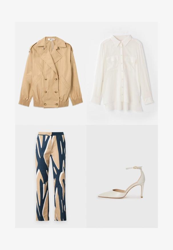 Beige Trenchcoat mit doppelreihigem Knopfverschluss, Schulterklappen und elastischen Bündchen. Hergestellt aus einem glatten, leichten Stoff.; Weißes Hemd mit Knöpfen aus leichtem Stoff. Es hat einen klassischen Kragen, zwei Brusttaschen und einen leicht längeren hinteren Saum.; Weite Hosen in Marineblau, Beige und weißem grafischen Muster. Hergestellt aus leichtem Stoff mit glatter Textur und tailliertem Bund.; Weiße Leder-Pumps mit spitz zulaufender Zehe, Knöchelriemen und schlanker Stiletto-Absatz. Glatte Oberfläche mit dezent glänzendem Finish.