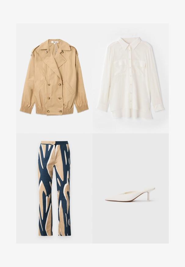 Beige trenchcoat med dobbeltlynlås, skulderepauleter og elastiske manchetter. Fremstillet af et glat, let stof.; Hvid skjorte med knapper lavet af letvægtsstof. Har en klassisk krave, to brystlommer og en lidt længere bagkant.; Vidde bukser i marineblå, beige og hvidt grafisk mønster. Lavet af letvægtsstof med en glat tekstur og skræddersyet talje.; Spids-tået hvid mule med en lav stilettohæl. Fremstillet af glat materiale med et minimalistisk design og diskret tan såldetalje.