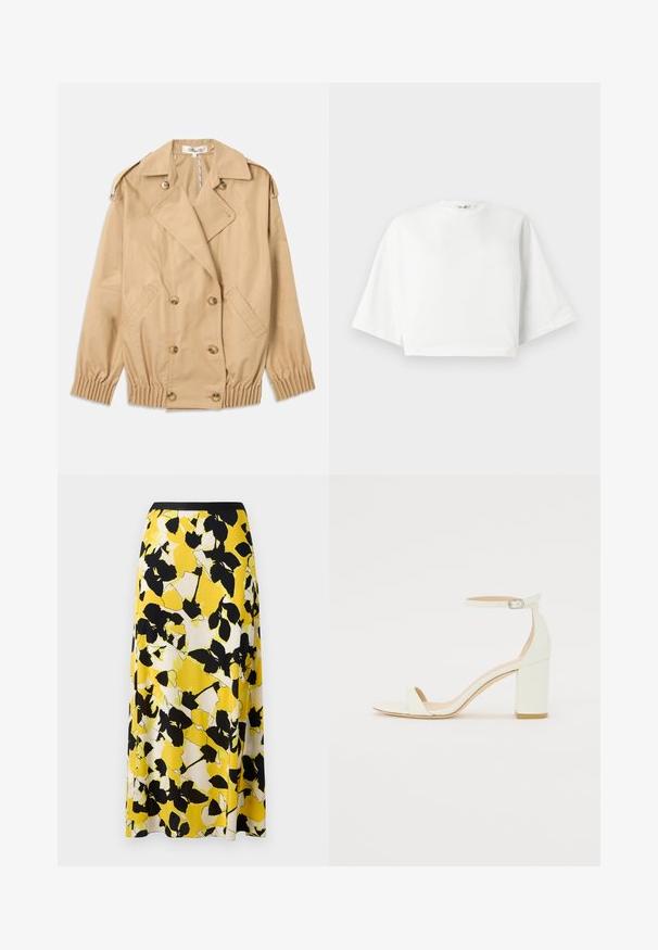 Bež plašč s podvojenim gumbom, ramenimi epauleti in elastičnimi manšetami. Narejen iz gladkega, lahkega materiala.; Bela skrajšana majica s sproščenim krojem, kratkimi širokimi rokavi, okroglim izrezom in stranskimi razporki, izdelana iz mehkega bombažnega materiala.; Rumena cvetna krila z črno-belimi listnatimi vzorci, tekočim materialom in oprijetim črnim pasom. A-linijska silhueta.; Bela usnjena sandala z blok peto, ki ima zanko okoli gležnja s sponko in minimalističen dizajn. Odkrit prst in gladke teksture po vsej površini.