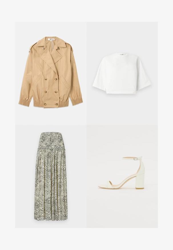 Casaco trench bege com fecho de botão duplo, epaulettes nos ombros e punhos elásticos. Feito de um tecido liso e leve.; Camiseta branca cropped com ajuste relaxado, mangas curtas largas, decote redondo e fendas laterais, feita de material de algodão macio.; Saia maxi em creme com um padrão abstrato preto. Apresenta uma cintura elástica, design pregueado e uma silhueta fluida.; Sandal de bloco em pele branca, apresentando uma correia no tornozelo com fivela e um design minimalista. Com biqueira aberta e texturas suaves ao longo de toda a peça.