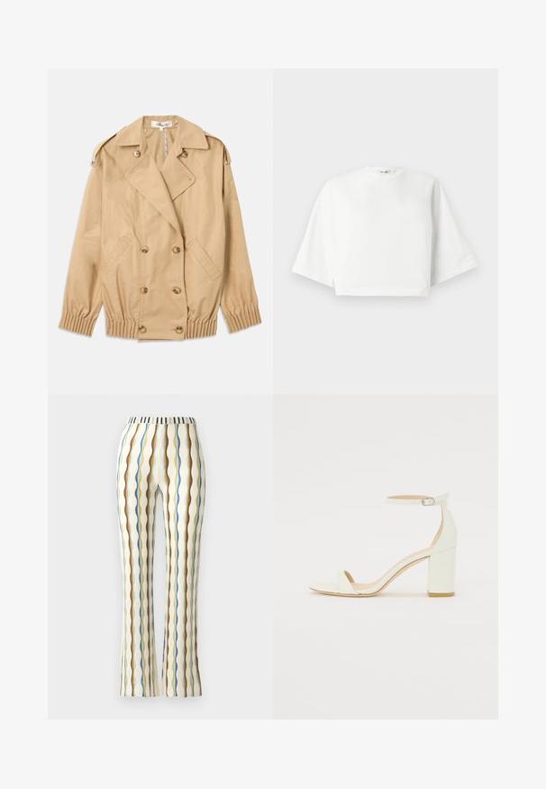 Beige trenchedžakk, millel on kahekordne nööbitihedus, õlavarre epauletid ja elastsed varrukad. Valmistatud siledast, kergekaalulisest kangast.; Valge lühikese varrukaga, lõdva istumisega, lühike t-särk, ümar kaelus ja küljetagused, valmistatud pehmest puuvillast materjalist.; Ribadega püksid tekstuuriga kangast, millel on sinised, pruunid, rohelised ja kollased vertikaalsed triibud, ning triibuline vöökoht.; Valge nahast takjakandiga sandaal, millel on kinnitusrihm ja minimalistlik disain. Avatud varvastes ja sileda pinnaga.