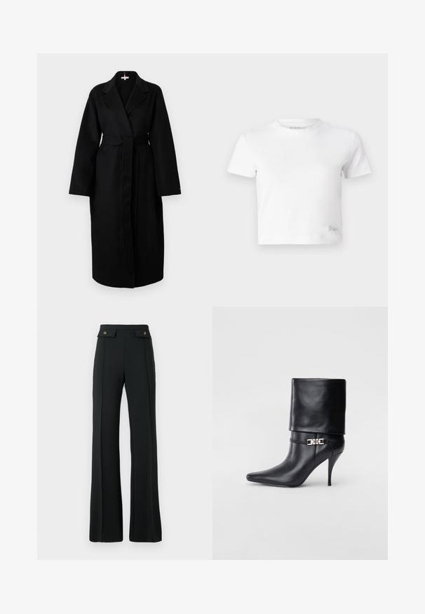 Hosszú fekete kabát, bekötős dizájnnal, széles, kivágott gallérral és saját magával megkötött övvel. Hosszú ujjak jellemzik, és egyenes, lágyan folyó sziluettet mutat.; Fehér, rövid szabású, sima pamut póló, magas nyakkivágással és rövid ujjakkal. Kicsi hímzett logó az alsó sarokban.; Magas derékú, fekete, bővülő nadrág, elülső varrás részletekkel és két aranygombos, hajtókás zsebbel a deréknál.; Fekete bőr bokacsizma hegyes orral, magas stiletto sarokkal, hajtott szegéllyel és arany díszcsattal a bokán.