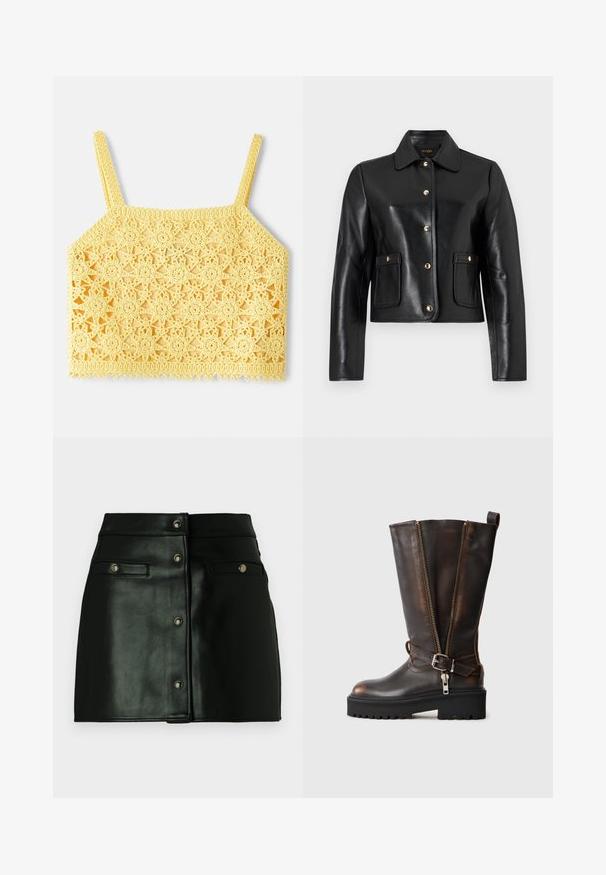 Veste en cuir noir avec un col, fermeture à boutons dorés et deux poches avant. Texture lisse et design court.; Top court au crochet jaune avec un motif en dentelle florale délicate, présentant des bretelles fines et ajustables ainsi qu'un ourlet à vagues.; Jupe mini en cuir noir avec une fermeture à boutons sur le devant, deux poches avant et des accents métalliques. Texture lisse avec un design ajusté.; Botte noire en cuir marron, hauteur genou, avec double zip, une sangle à boucle ajustable et une semelle en caoutchouc épaisse. Possède une finition lisse et texturée.