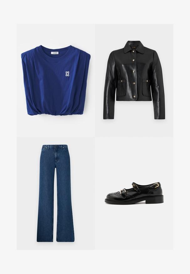 Fekete bőr dzseki, galléros nyakkivágással, arany gombos záródással és két elülső zsebbel. Simaságával és rövidített fazonával tűnik ki.; sandro Felső - marine; Kék farmer, bővülő szárú, magas derekú nadrág, öt zsebes kialakítással és fém gombos záródással. Simaság, hétköznapi stílus és minimális varratok jellemzik.; Fekete bőrcipők brogue díszítéssel, két csattal, lekerekített orral és alacsony sarokkal. Simább felület fényes kivitelben.