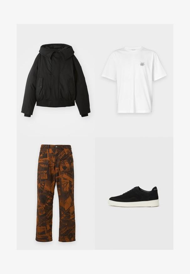 Melna izolēta jaka ar augstu apkakli, rāvējslēdzēja aizdari, dubultām sānu kabatām, elastīgiem piedurknēm un īsu apakšu. Gluda, matēta tekstūra.; Baltas kokvilnas T-krekls ar īsām piedurknēm, apaļu dekoltē un mazu pelēku logo kreisajā krūšu daļā. Gluda tekstūra.; Brūnas rakstainas bikses ar tumšu motīvu kolāžu, izplūdušas kāju forma, standarta pogu un rāvējslēdzēja aizdare un piecu kabatu dizains.; Melnas zamšas kedas ar auklām un kontrastējošu baltu gumijas zoli. Iekļauj teksturētas sānu panēles un diskretu zīmolu uz papēža.