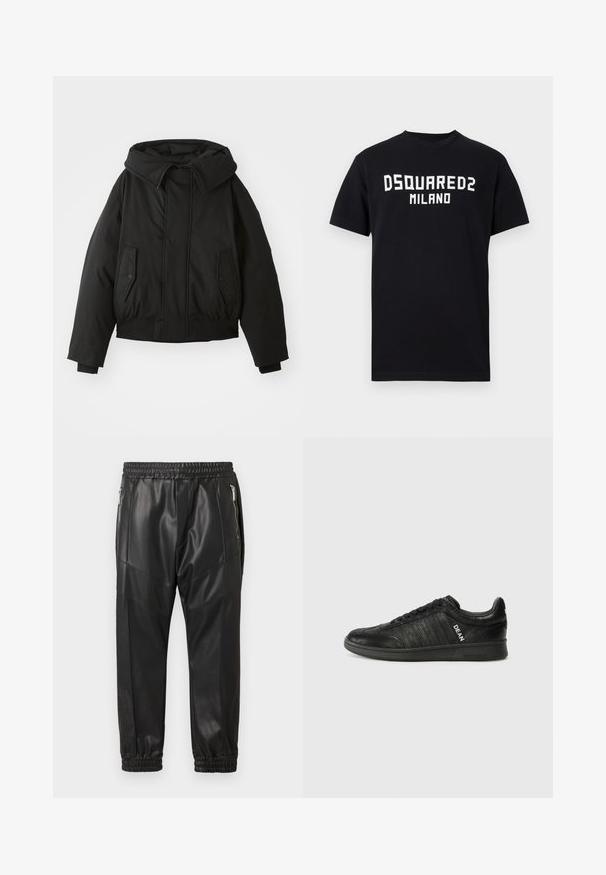 Schwarze gepolsterte Jacke mit hohem Kragen, Reißverschluss, doppelten Seitentaschen, elastischen Bündchen und cropped Saum. Glatte, matte Textur.; Schwarzes T-Shirt mit kurzen Ärmeln und weißem "DSQUARED2 MILANO"-Schriftzug mittig auf der Brust, Rundhalsausschnitt und geradem Saum.; Schwarze Jogginghosen aus Kunstleder mit elastischem Bund, seitlichen Reißverschlusstaschen und verjüngten Bündchen. Mit Nahtdetails für mehr Struktur.; Schwarzer Sneaker aus strukturiertem Leder mit flacher Sohle, Schnürung und seitlichen Streifen mit „DEAN“-Logo in Weiß.