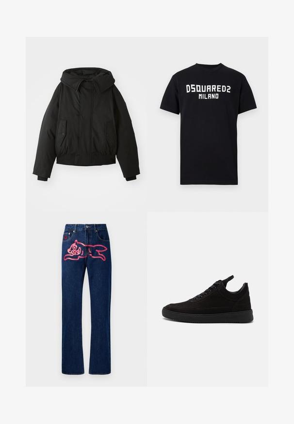 Black padded jacket with a high collar, zip closure, double side pockets, elastic cuffs, and a cropped hem. Smooth, matte texture.; Black short-sleeve T-shirt with white "DSQUARED2 MILANO" text centered on the chest, crew neck, and straight hem.; Denim jeans with a straight cut. Dark blue color, featuring a large pink cat design on the back pocket. Classic metal button and rivets.; Black suede sneakers with a rounded toe, lace-up front, padded collar, and textured rubber sole for grip. Minimalist design and smooth finish.