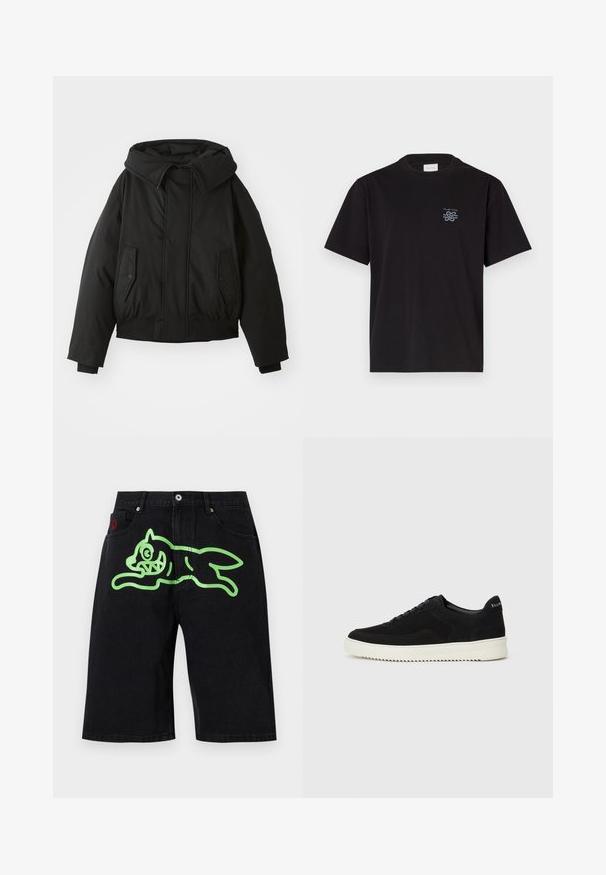 Giacca nera imbottita con colletto alto, chiusura con zip, tasche laterali doppie, polsini elasticizzati e orlo corto. Texture liscia e opaca.; T-shirt in cotone nero con collo rotondo e maniche corte. Presenta un piccolo logo blu sul lato sinistro del petto. Design semplice e dritto.; Icecream RUNNING DOG - Shorts di jeans - black denim; Sneaker in suede nero con design con lacci e suola in gomma bianca a contrasto. Presenta pannelli laterali testurizzati e un marchio discreto sul tallone.