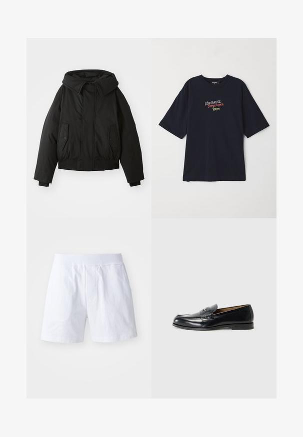 Juoda pūsta striukė su aukštu apykakle, užtrauktuko uždarymu, dviem šoninėmis kišenėmis, elastingais rankogaliais ir trumpu apačia. Lygus, matinės tekstūros.; Tamsiai mėlynas medvilninis marškinėliai su trumpomis rankovėmis. Papuoštas spalvingais siuviniais: "DSQUARED2 VASAROS MYLĖTOJAI XOXO" raudona, žalia ir balta spalvomis.; Balti medvilniniai šortai turi elastingą juosmenį, dvi šonines kišenes ir laisvą prigludimą. Lygus paviršius be matomų raštų ar akcentų.; Juoda odinė loaferių pora su lygaus paviršiaus, apvalia nosimi, dekoratyvine siūle ir maža metaline detale priekyje.