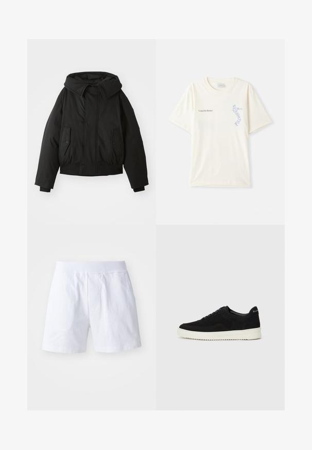 Sort polstret jakke med høj krave, lynlåslukning, dobbelte sidelommer, elastiske manchetter og en cropped afslutning. Glat, mat tekstur.; Hvid bomulds t-shirt med korte ærmer, prydet med teksten "United By Rhythm" i sort og blå grafik på brystet. Rund halsdesign.; Hvide bomuldsshorts med elastisk talje, to sidelommer og en afslappet pasform. Glat tekstur uden synlige mønstre eller detaljer.; Sort ruskinds sneaker med snørebånd og kontrasterende hvid gummisål. Har teksturerede sidepaneler og diskret branding på hælen.