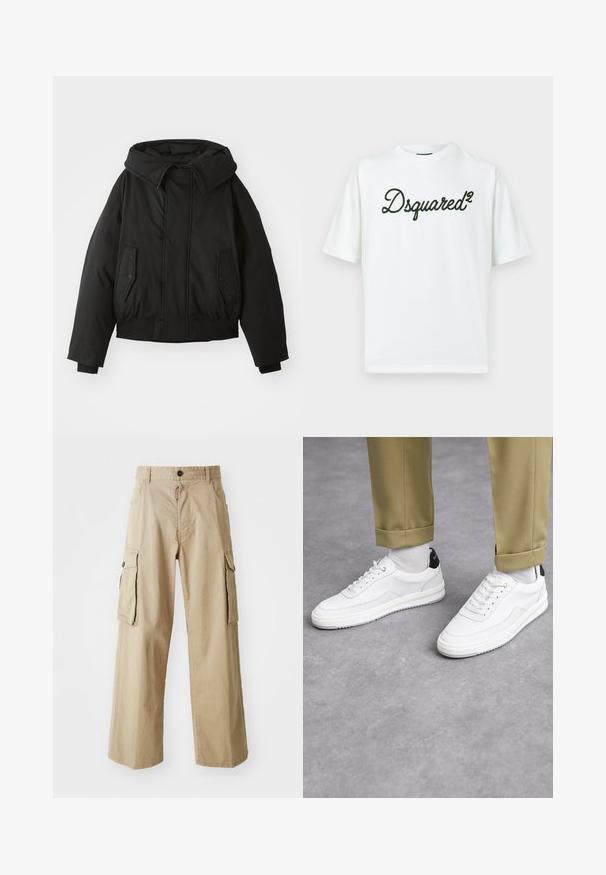 Sort polstret jakke med høj krave, lynlåslukning, dobbelte sidelommer, elastiske manchetter og en cropped afslutning. Glat, mat tekstur.; Hvid bomuld T-shirt med korte ærmer, der har et sort broderet logo "Dsquared²" på forsiden i en kursiv skrifttype.; Beige cargo bukser lavet af bomuld, med et bredt ben-design, to store sidelommer og en knaplukning i taljen.; Hvide sneakers med en tekstureret læderfinish, rund tå og sort hælaccent. Gummisål med lille mønster og syede detaljer.