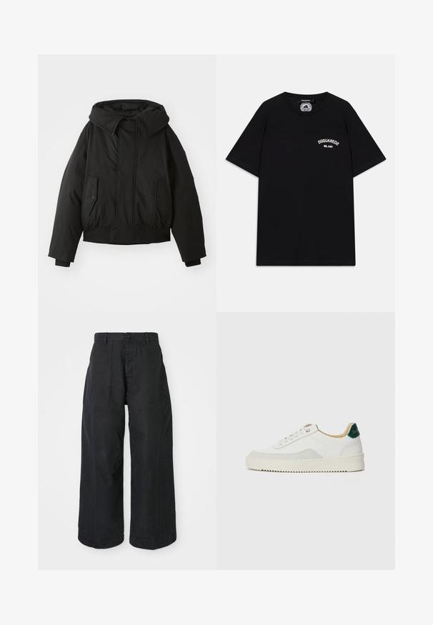 Čierna prešívaná bunda s vysokým golierom, zipsom, dvojitými postrannými vreckami, elastickými manžetami a skráteným lemom. Hladká, matná textúra.; Čierne bavlnené tričko s krátkymi rukávmi, s bielym logom "DSQUARED2 MILANO" na hrudi. Design s okrúhlym výstrihom, hladká textúra.; Čierne nohavice s širokými nohavicami vyrobené z plátna s uzáverom na gombík, s dvoma prednými vreckami a uvoľneným strihom.; Biele tenisky s semišovými akcentmi, zaoblenou špičkou, plochými šnúrkami a krémovou gumovou podrážkou. Na päte sú zelené značky.